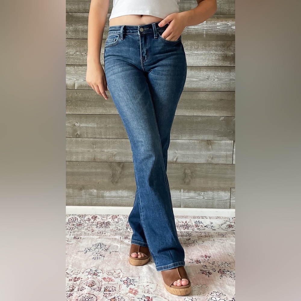 vervet denim mid rise relaxed long bootcut jeans revere dark wash T6136